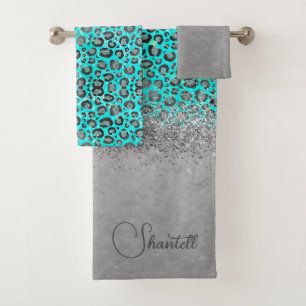 Sparkly Glittery Silver Leopard Personalised  Bath Towel Set