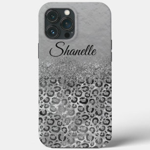 Sparkly Glittery Silver Leopard  Personalised  iPhone 13 Pro Max Case