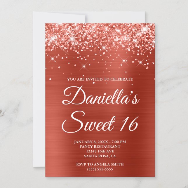 Sparkly Glittery Soft Red Foil Sweet 16 Invitation (Front)