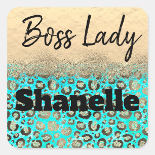 Sparkly Glittery Turquoise Leopard Boss Lady Square Sticker