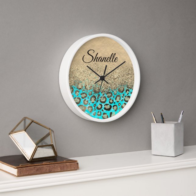 Sparkly Glittery Turquoise Leopard  Personalised Clock (Office)