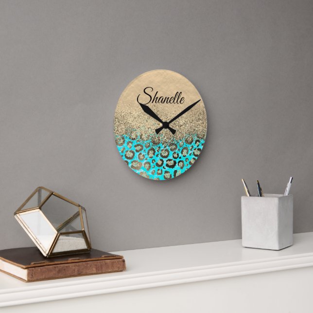 Sparkly Glittery Turquoise Leopard  Personalized Round Clock (Office)