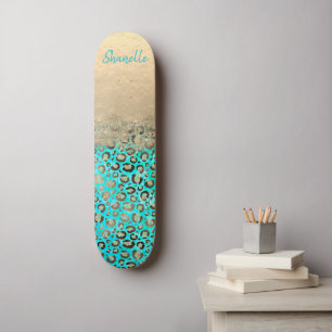 Sparkly Glittery Turquoise Leopard      Skateboard