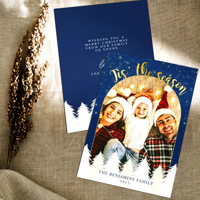 Sparkly Gold Blue Tis' The Season Christmas Trees Holiday Card (Creator Uploaded)