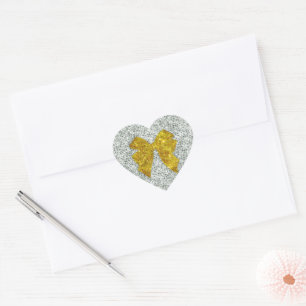 Sparkly Gold Bow on Silver Sequins Heart Sticker