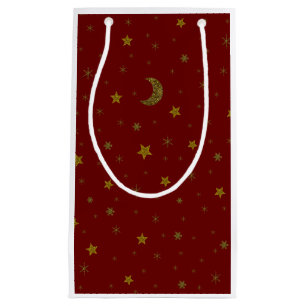 Sparkly gold Christmas moon, stars on red Small Gift Bag