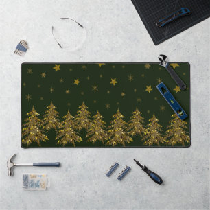 Sparkly gold Christmas tree and stars on green Desk Mat