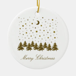 Sparkly gold Christmas tree, moon, stars Ceramic Tree Decoration