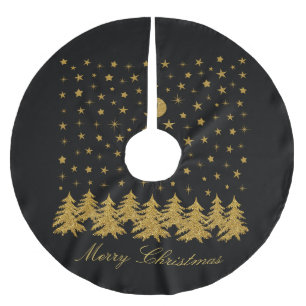 Sparkly gold Christmas tree, moon, stars on black Brushed Polyester Tree Skirt