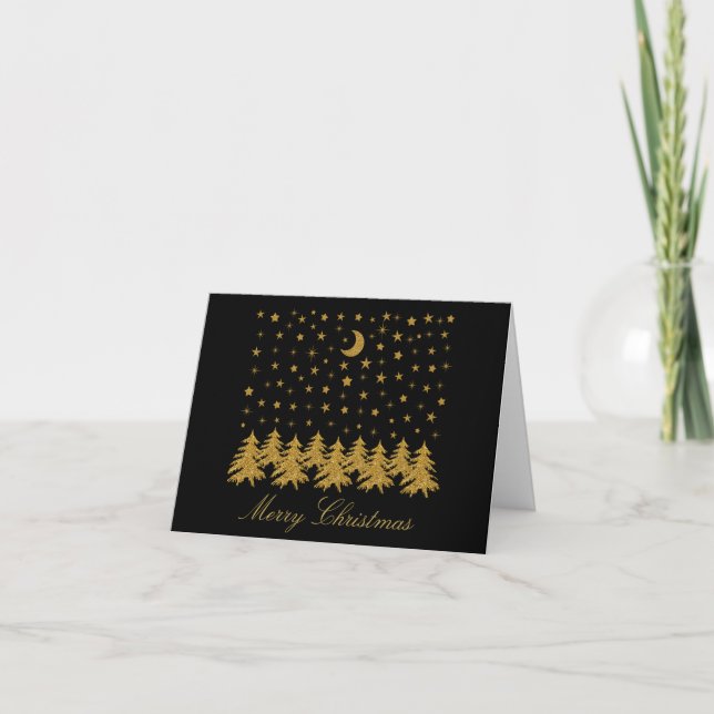 Sparkly gold Christmas tree, moon, stars on black Card (Front)
