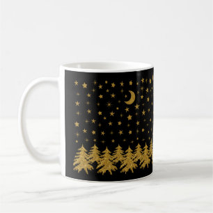 Sparkly gold Christmas tree, moon, stars on black Coffee Mug