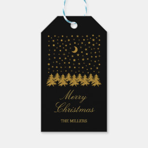 Sparkly gold Christmas tree, moon, stars on black Gift Tags