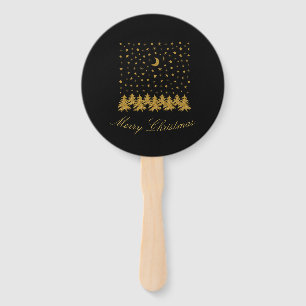 Sparkly gold Christmas tree, moon, stars on black Hand Fan