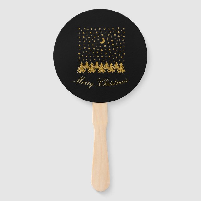 Sparkly gold Christmas tree, moon, stars on black Hand Fan (Front)