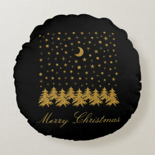Sparkly gold Christmas tree, moon, stars on black Round Cushion