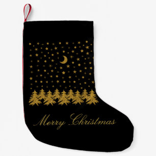 Sparkly gold Christmas tree, moon, stars on black Small Christmas Stocking
