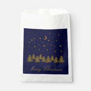 Sparkly gold Christmas tree, moon, stars on blue Favour Bags