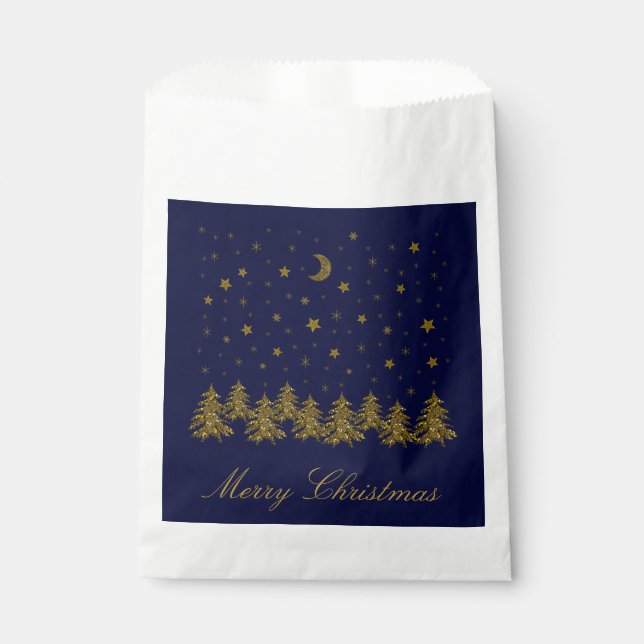 Sparkly gold Christmas tree, moon, stars on blue Favour Bags (Front)