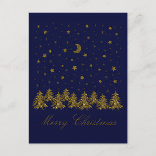 Sparkly gold Christmas tree, moon, stars on blue Holiday Postcard