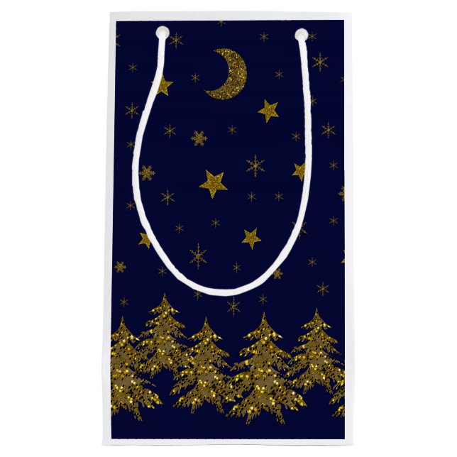 Sparkly gold Christmas tree, moon, stars on blue Small Gift Bag (Front)