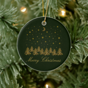 Sparkly gold Christmas tree, moon, stars on green Ceramic Tree Decoration