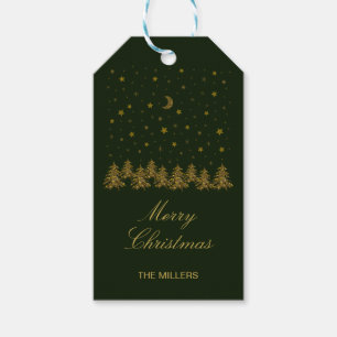 Sparkly gold Christmas tree, moon, stars on green Gift Tags