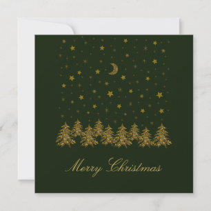 Sparkly gold Christmas tree, moon, stars on green Holiday Card