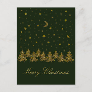 Sparkly gold Christmas tree, moon, stars on green Holiday Postcard