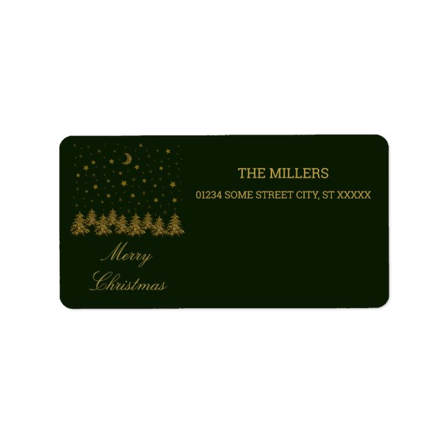 Sparkly gold Christmas tree, moon, stars on green Label (Front)
