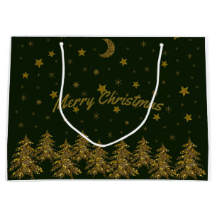 Sparkly gold Christmas tree, moon, stars on green  Large Gift Bag