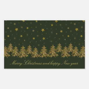 Sparkly gold Christmas tree, moon, stars on green Rectangular Sticker