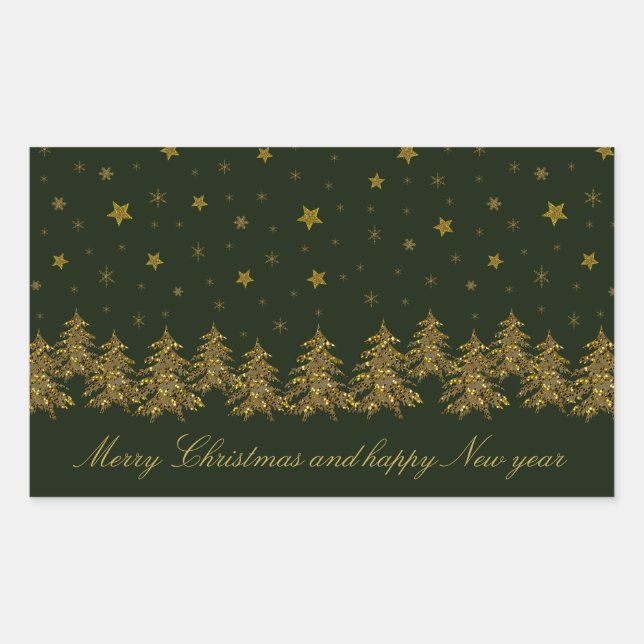 Sparkly gold Christmas tree, moon, stars on green Rectangular Sticker (Front)