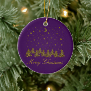 Sparkly gold Christmas tree, moon, stars on purple Ceramic Tree Decoration