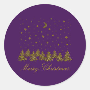 Sparkly gold Christmas tree, moon, stars on purple Classic Round Sticker