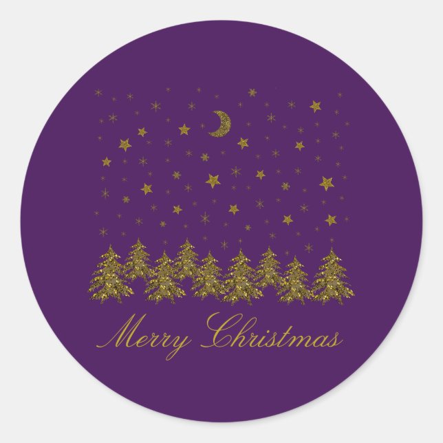 Sparkly gold Christmas tree, moon, stars on purple Classic Round Sticker (Front)