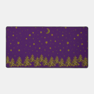 Sparkly gold Christmas tree, moon, stars on purple Desk Mat