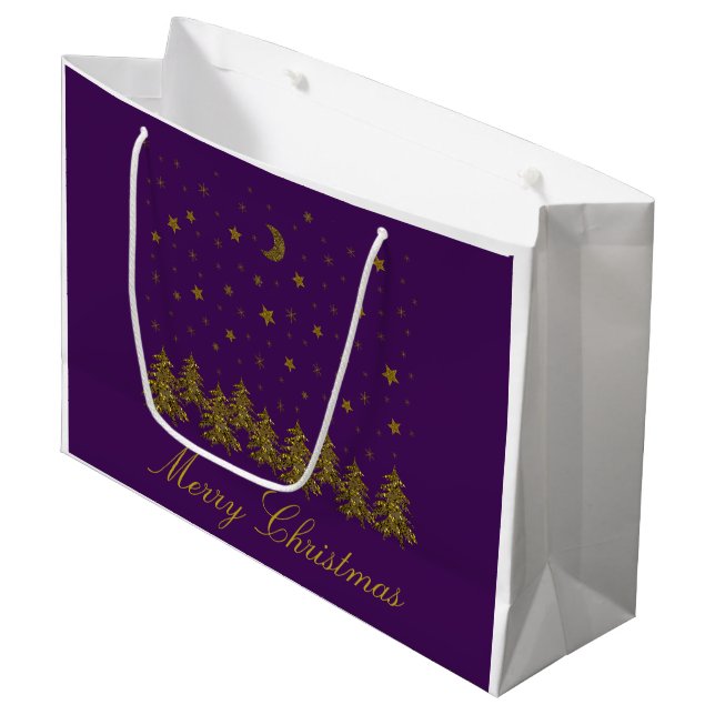 Sparkly gold Christmas tree, moon, stars on purple Large Gift Bag (Front Angled)