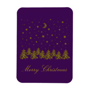 Sparkly gold Christmas tree, moon, stars on purple Magnet