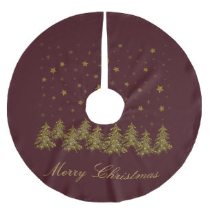 Sparkly gold Christmas tree, moon, stars on red Brushed Polyester Tree Skirt