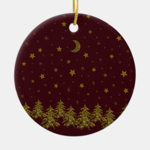 Sparkly gold Christmas tree, moon, stars on red Ceramic Tree Decoration