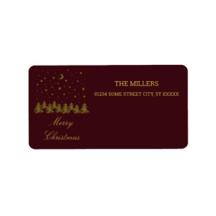 Sparkly gold Christmas tree, moon, stars on red Label