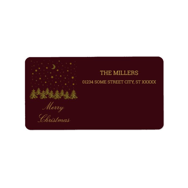 Sparkly gold Christmas tree, moon, stars on red  Label (Front)