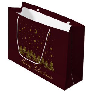 Sparkly gold Christmas tree, moon, stars on red Large Gift Bag