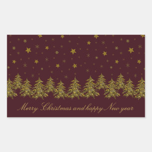 Sparkly gold Christmas tree, moon, stars on red Rectangular Sticker