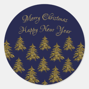 Sparkly gold Christmas tree on blue Christmas Classic Round Sticker