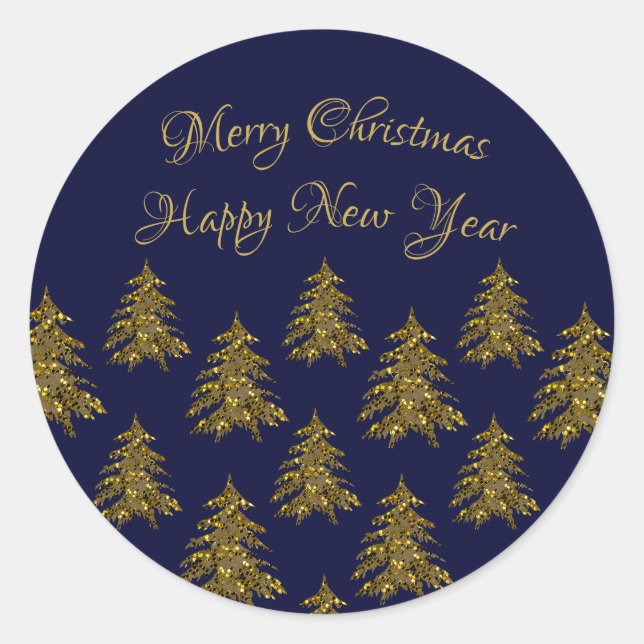 Sparkly gold Christmas tree on blue Christmas Classic Round Sticker (Front)