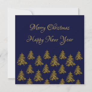 Sparkly gold Christmas tree on blue Christmas Holiday Card