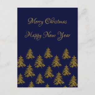 Sparkly gold Christmas tree on blue Christmas Holiday Postcard