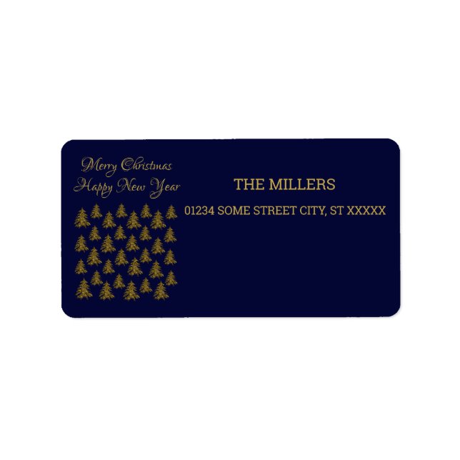 Sparkly gold Christmas tree on blue Christmas Label (Front)