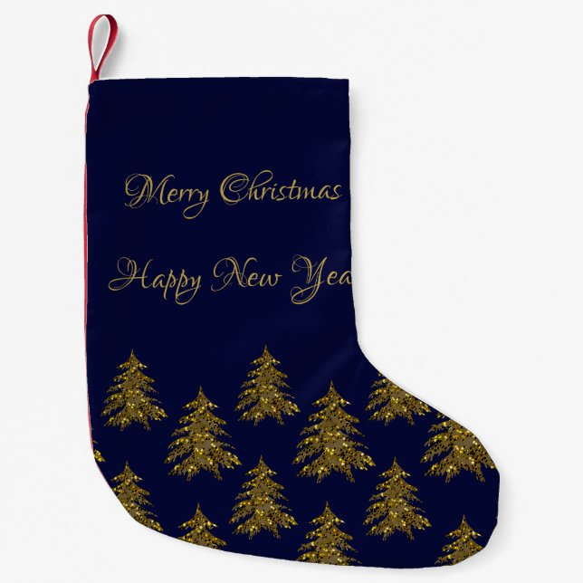 Sparkly gold Christmas tree on blue Christmas Small Christmas Stocking (Front)